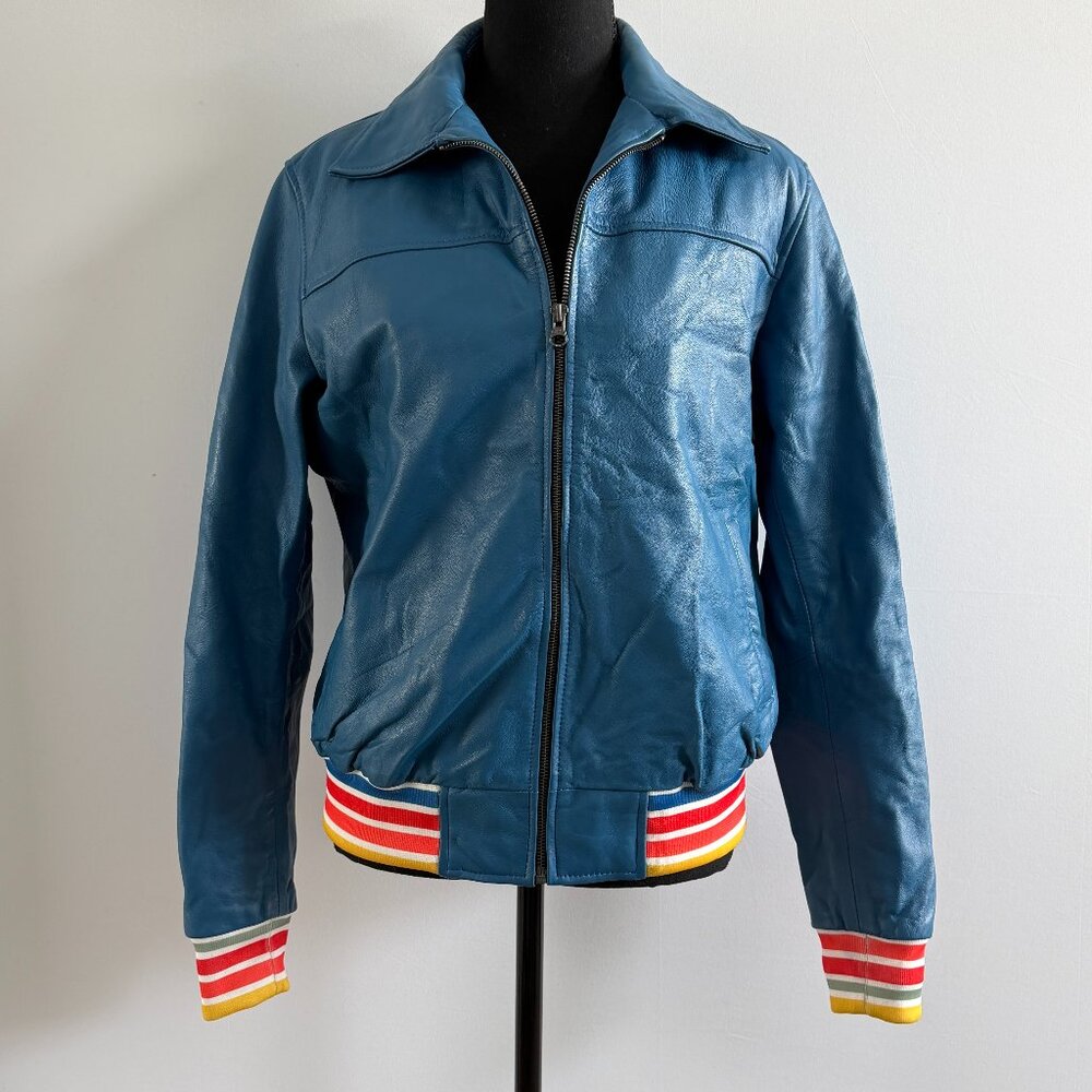 Evil Kristen Bouchard Blue Leather Retro Rainbow Aviator Jacket L/XL - Picture 3 of 16